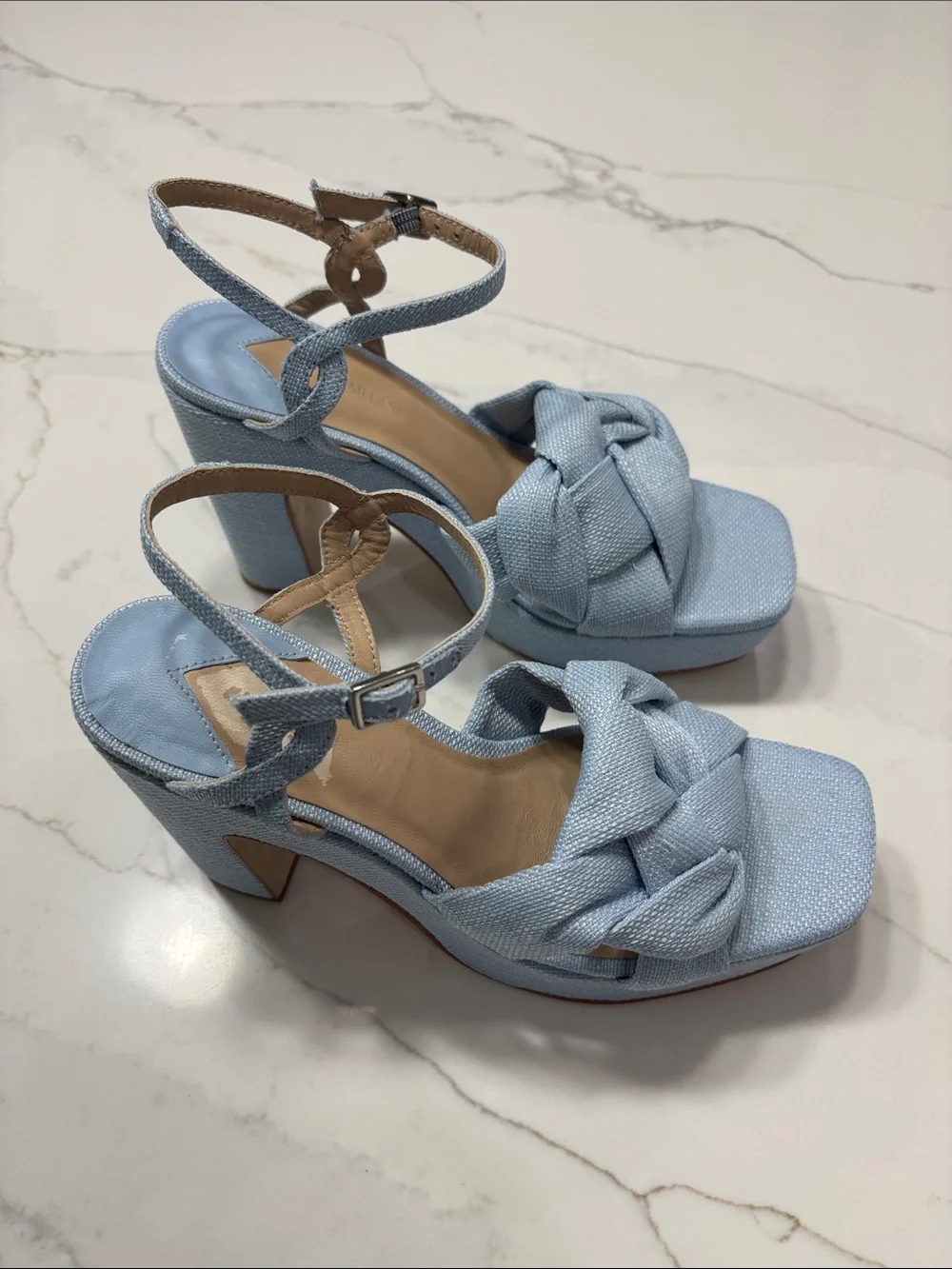 ANTONIO MELANI Light Blue Knotted Platform Block Heel Sandals